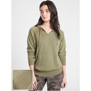 Athleta Evergreen Sweater Hoodie Green V Neck Knit Crochet Minimal Neutral Fall